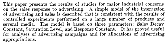 Figure 1. The abstract from "An Operations-Research Study of Sales Response to Advertising."
(Vidale and Wolfe)