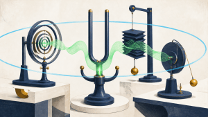 Three analytical instruments responding to the same reference signal inside a precision workshop.