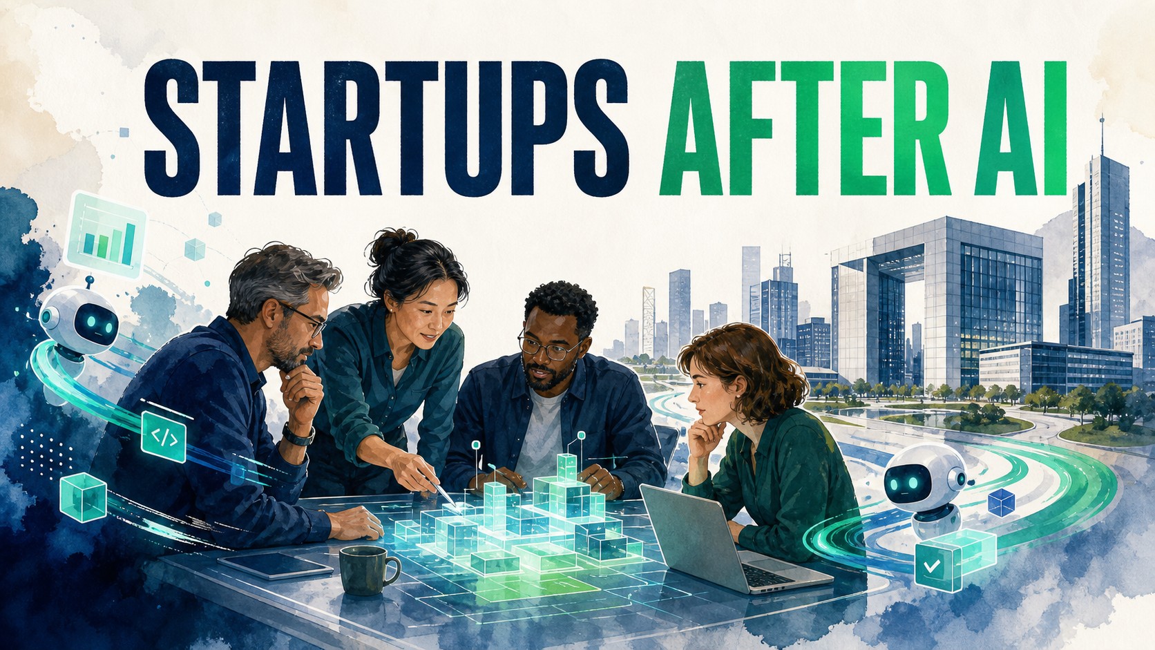 Four-person startup team using AI tools with a large enterprise campus in the background