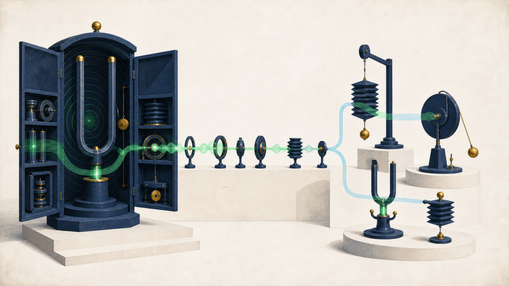 A sealed analytical cabinet opening to release shared modules into several connected systems.